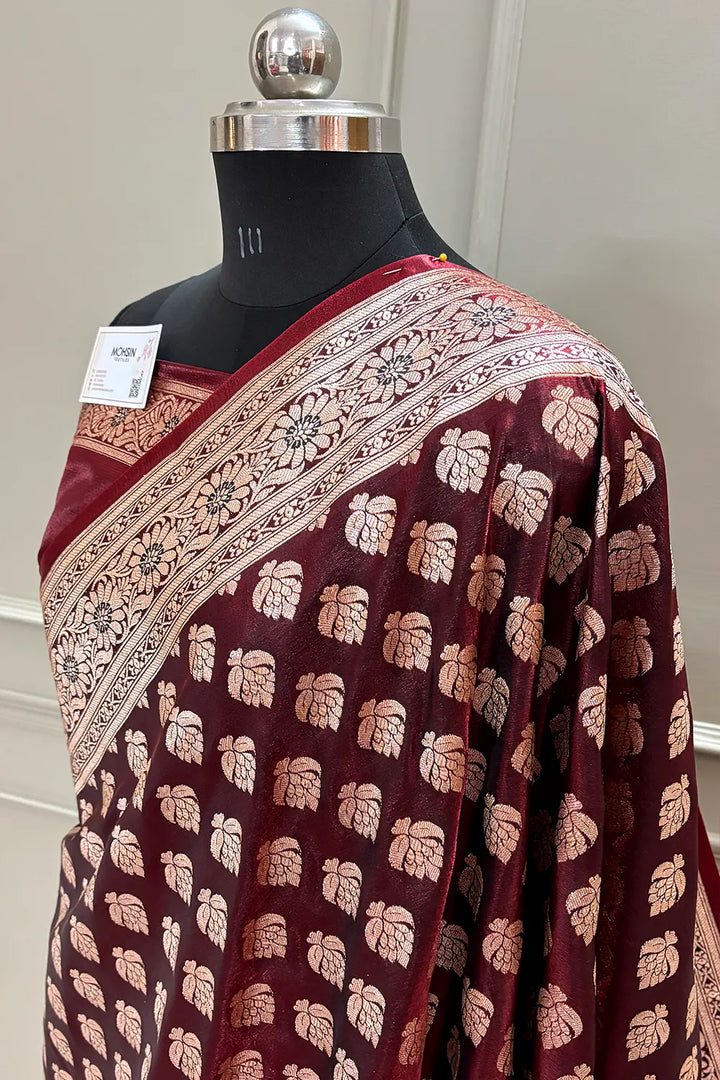 Maroon Naagmani Buti Katan Silk Banarasi Saree