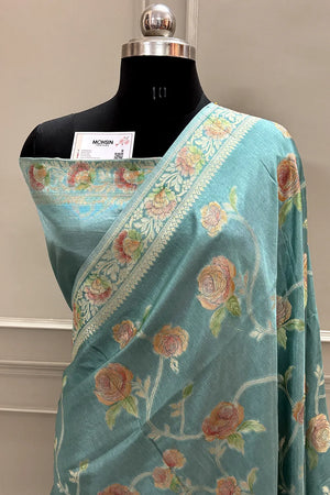 Mint Green Rosy Jaal Georgette Silk Banarasi Saree