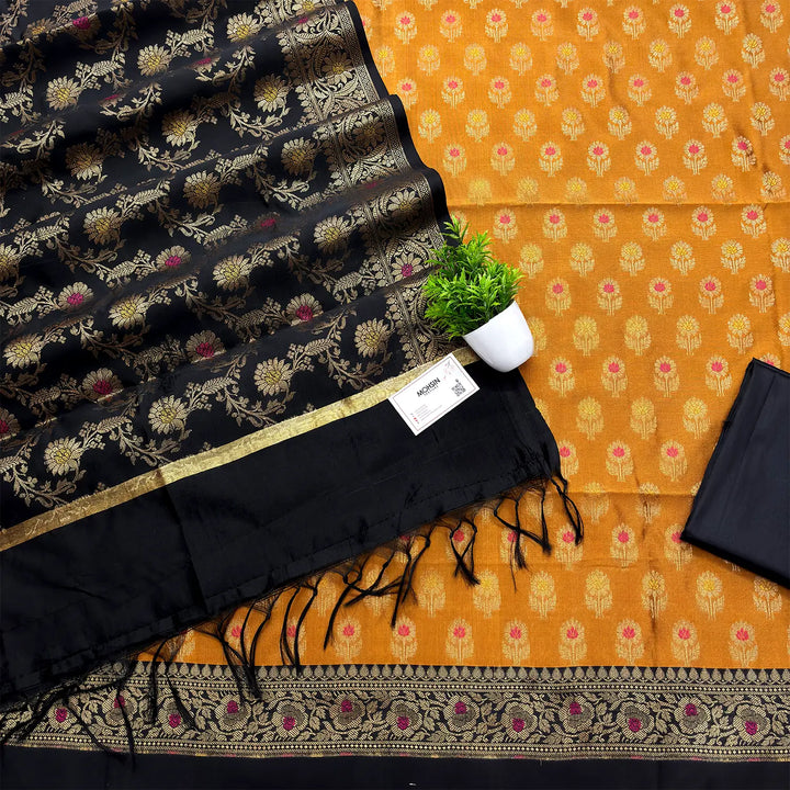 Mustard and Black Contrass Satin Silk Banarasi Suit