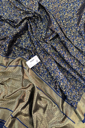 Navy Blue Jamawar Katan Silk Banarasi Saree