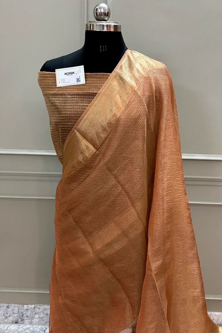 Orange Khaardaar Crush Tissue Silk Banarasi Saree