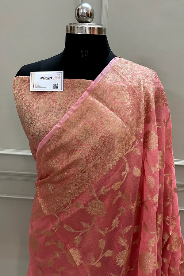 Peach Lotus Jaal Chanderi Silk Banarasi Saree