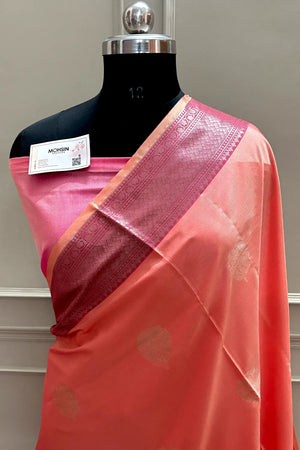 Peach and Pink Golden Zari Banarasi Silk Saree