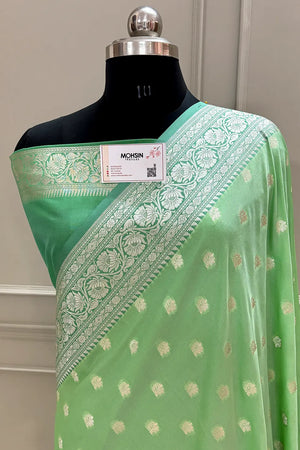 Pista and Dark Pista Ghonga Buti Katan Silk Banarasi Saree