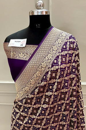 Purple Bandhej Georgette Silk Banarasi Saree