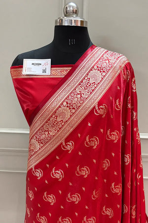 Red Galaxy Buti Katan Silk Banarasi Saree