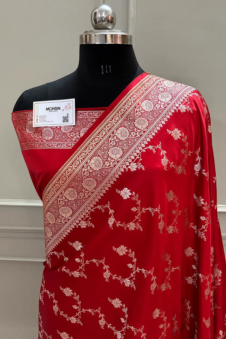 Red Jhadi Jaal Katan Silk Banarasi Saree