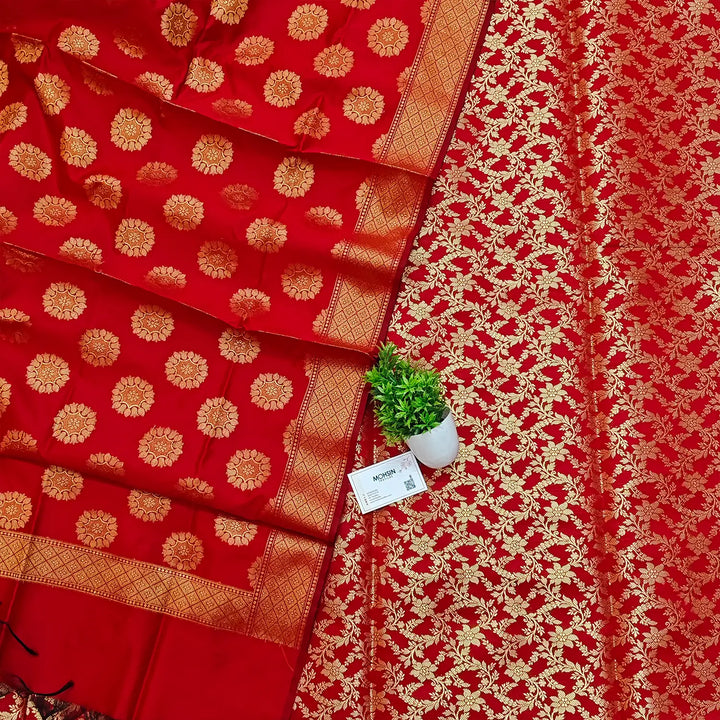 Red Shaktimaan Jaal Satin Silk Banarasi Suit