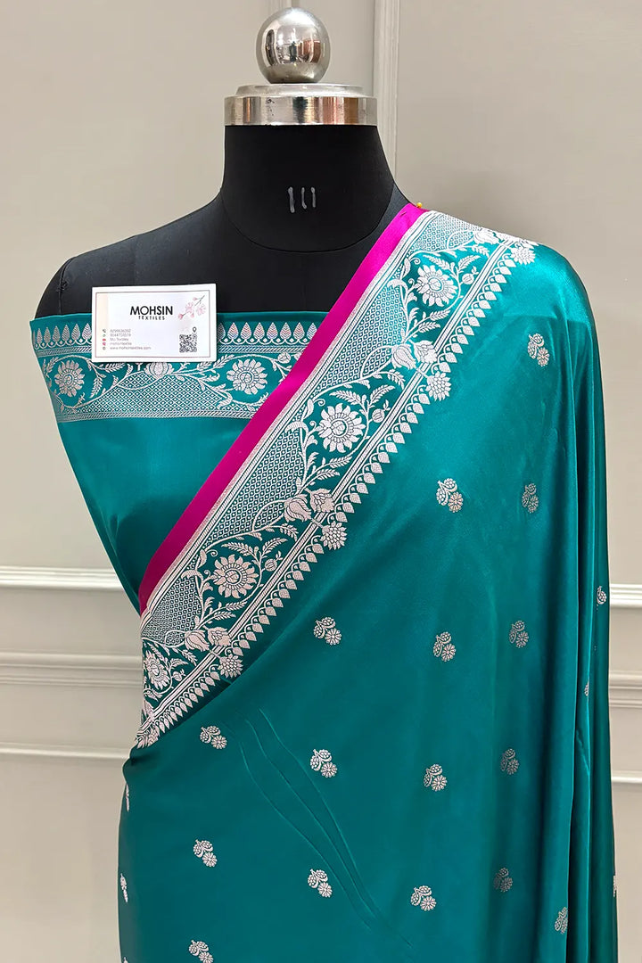 Teal Babri Buti Katan Silk Banarasi Saree