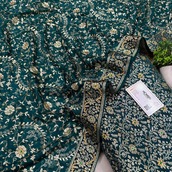 Teal Suhani Jaal Stone Work Kimkhab Silk Banarasi Gharara