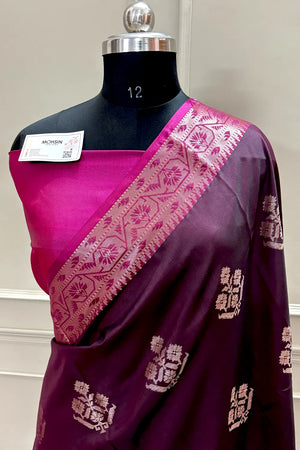 Wine and Pink Golden Zari Banarasi Silk Saree