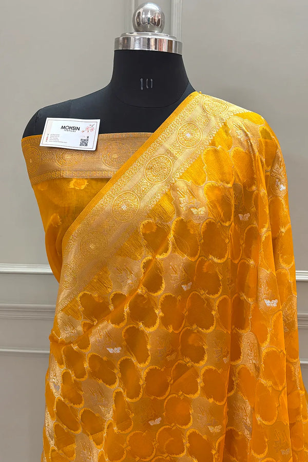 Yellow Golden Zari Organza Silk Banarasi Saree