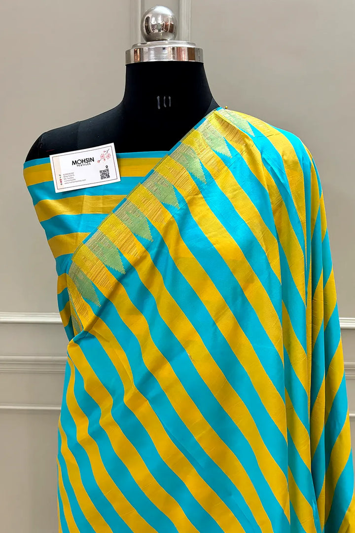 Yellow and Firozi Stripe Plain Satin Silk Banarasi Saree