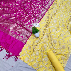 Yellow and Pink Golden Zari Katan Silk Banarasi Suit