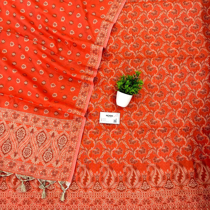 Orange Surahi Jaal Cotton Silk Banarasi Suit