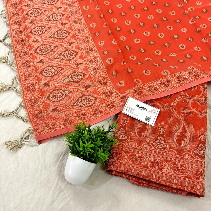 Orange Surahi Jaal Cotton Silk Banarasi Suit