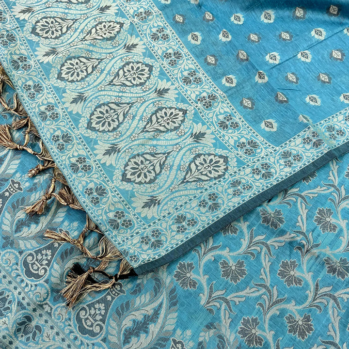 Dark Firozi Surahi Jaal Cotton Silk Banarasi Suit