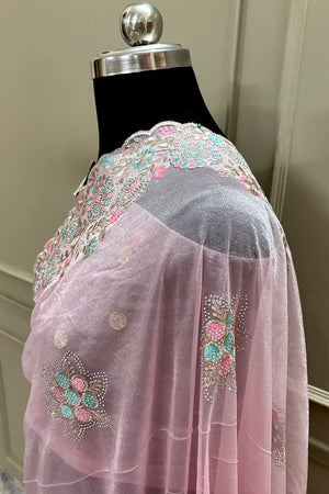 Baby Pink Embroidery Siroski Brasso Net Saree