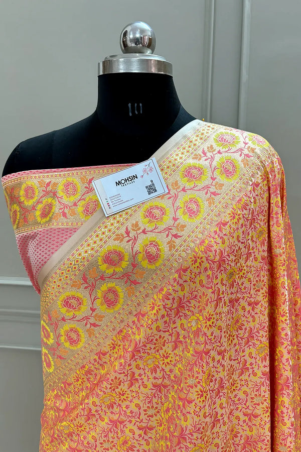 Baby Pink and Peach Jungli Jaal Katan Silk Banarasi Saree