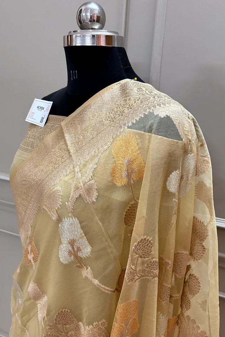 Beige Golden Zari Organza Silk Banarasi Saree