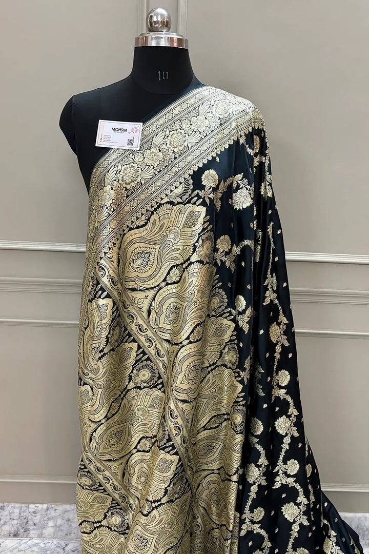 Black Tirchi Daal Katan Silk Banarasi Saree