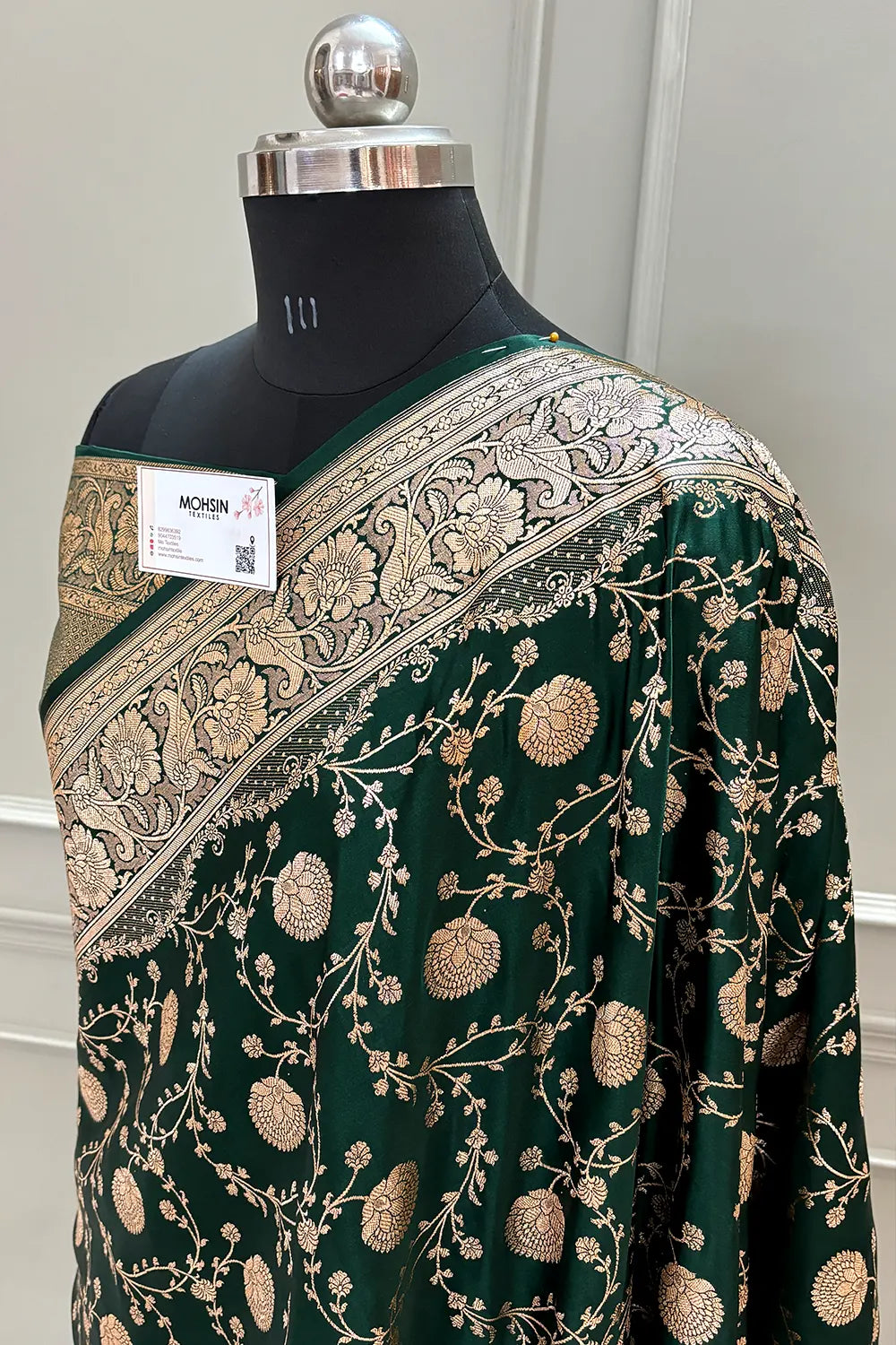 Bottle Green Churmuri Jaal Katan Silk Banarasi Saree