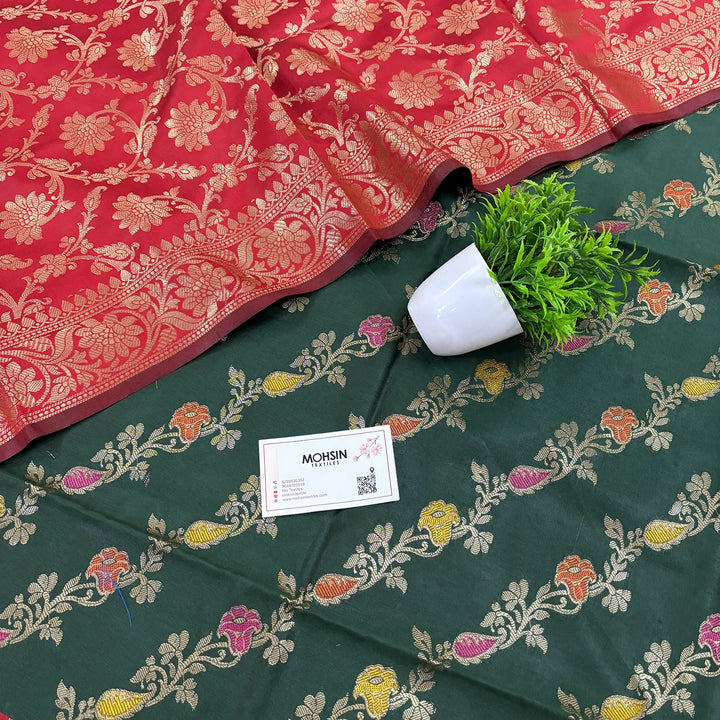 Bottle Green and Red Rang Mahal Satin Silk Banarasi Suit