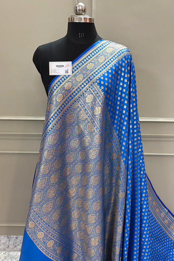 Firozi Golden Paan Katan Silk Banarasi Saree