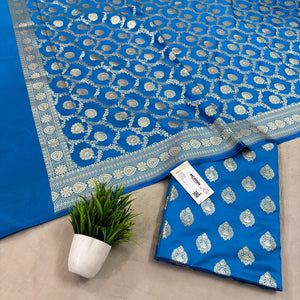 Firozi Golden Zari Katan Silk Banarasi Suit