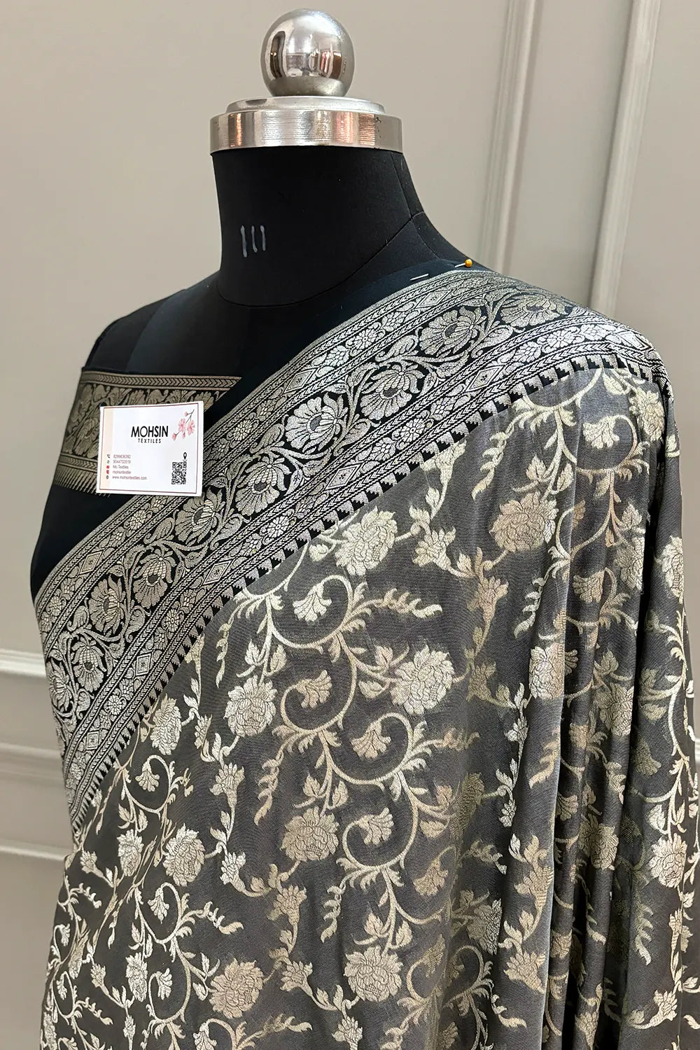 Grey and Black Gulabi Jaal Katan Silk Banarasi Saree