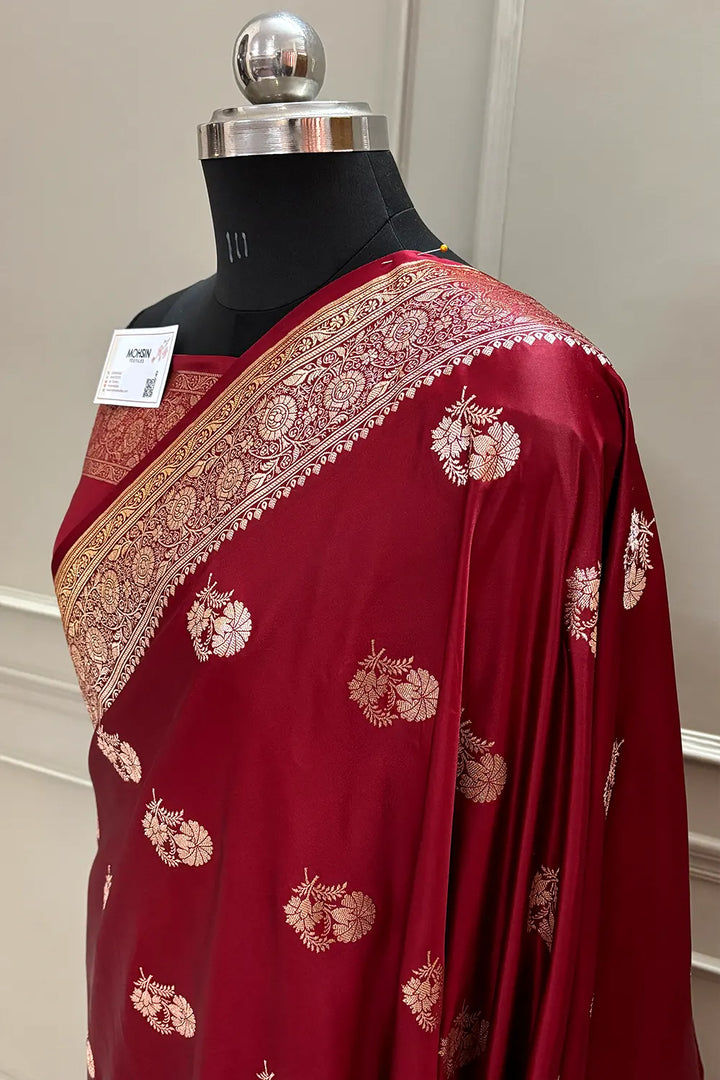 Maroon Golden Flower Katan Silk Banarasi Saree