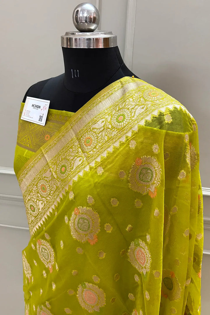 Mehendi Golden Zari Organza Silk Banarasi Saree