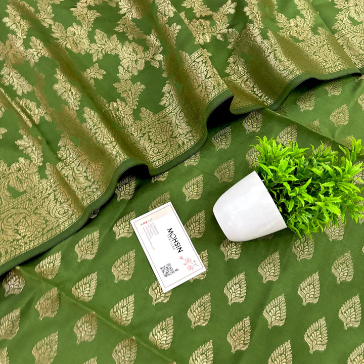 Mehendi Xmas Tree Satin Silk Banarasi Suit