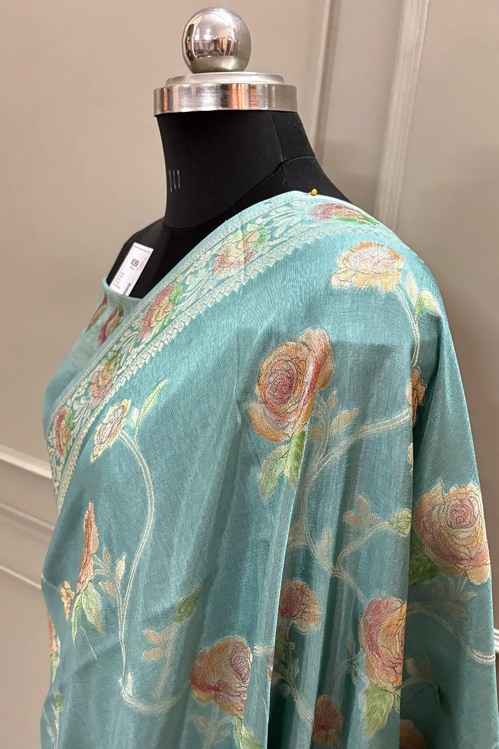 Mint Green Rosy Jaal Georgette Silk Banarasi Saree