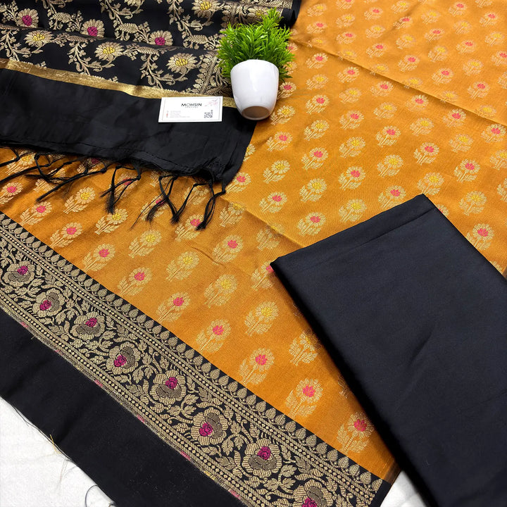 Mustard and Black Contrass Satin Silk Banarasi Suit