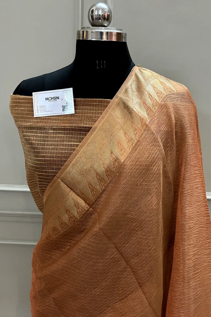 Orange Khaardaar Crush Tissue Silk Banarasi Saree