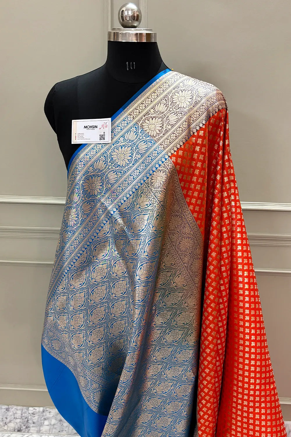 Orange and Blue Chidi Buti Katan Silk Banarasi Saree