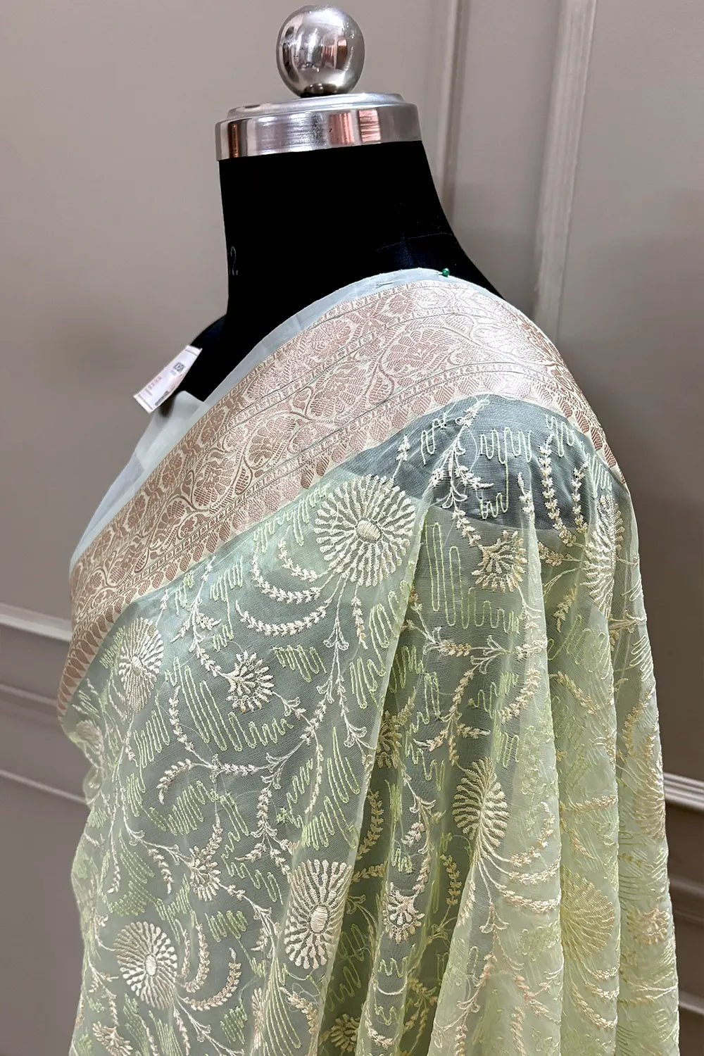 Pista Embroidery Organza Silk Banarasi Saree