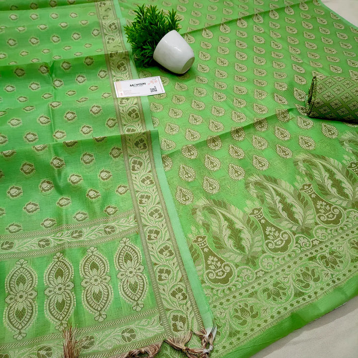 Pista Surahi Buti Cotton Silk Banarasi Suit