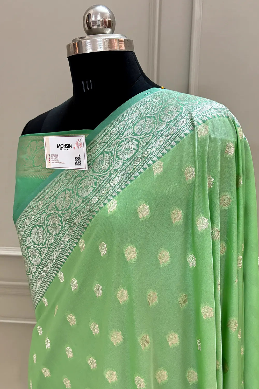 Pista and Dark Pista Ghonga Buti Katan Silk Banarasi Saree