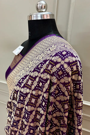Purple Bandhej Georgette Silk Banarasi Saree