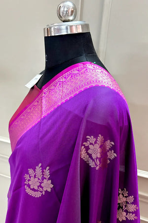 Purple and Pink Golden Zari Banarasi Silk Saree
