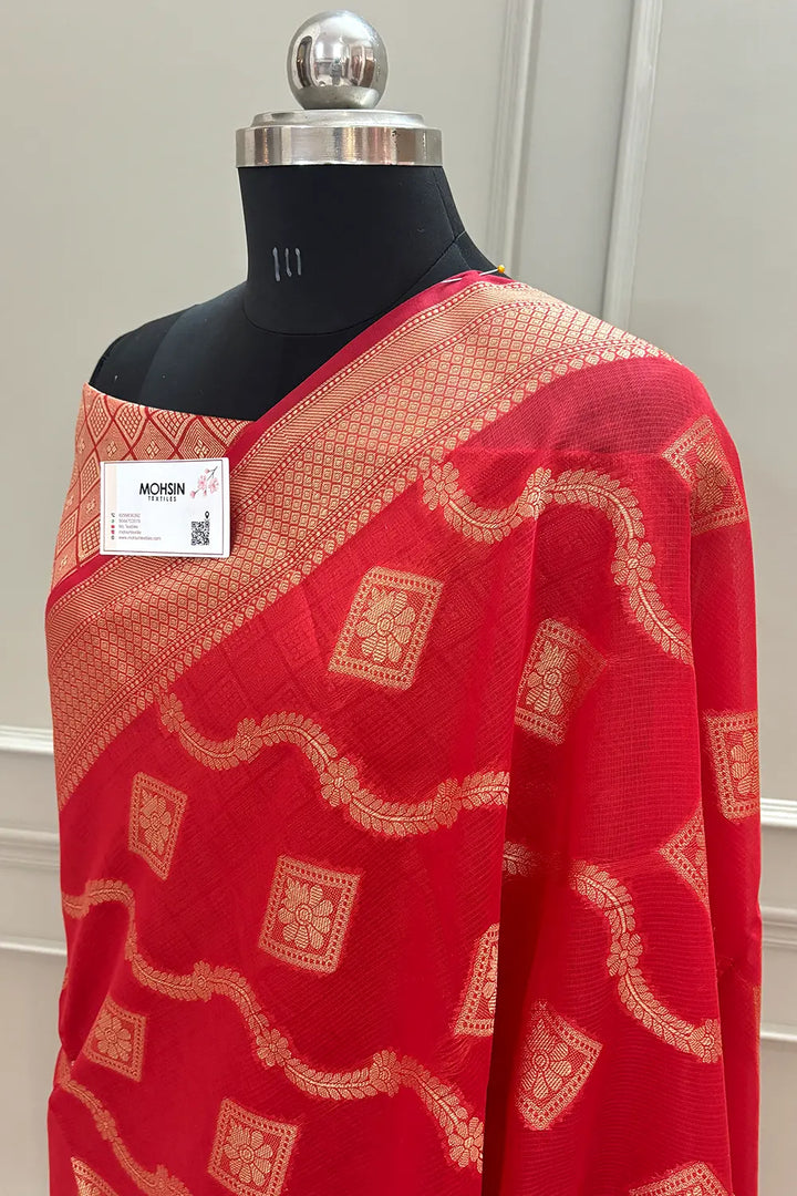 Red Behti Ganga Chanderi Silk Banarasi Saree