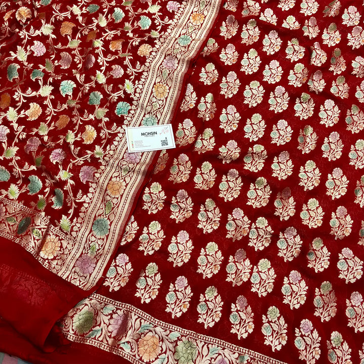 Red Hand Brush Handloom Georgette Silk Banarasi Suit