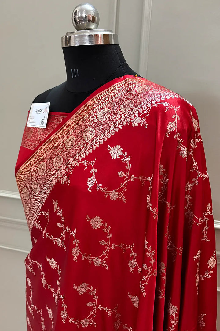 Red Jhadi Jaal Katan Silk Banarasi Saree