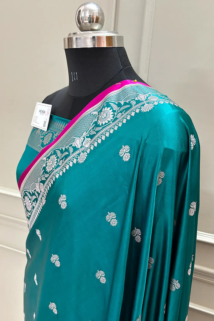 Teal Babri Buti Katan Silk Banarasi Saree