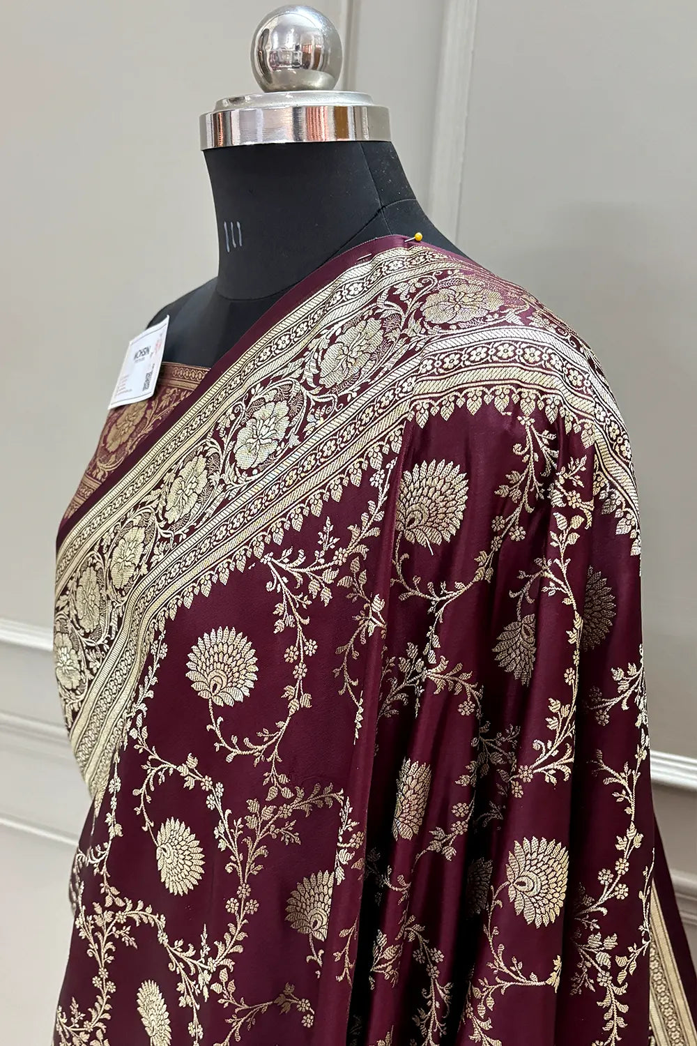 Wine Pankhuri Jaal Katan Silk Banarasi Saree