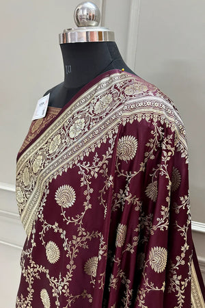 Wine Pankhuri Jaal Katan Silk Banarasi Saree
