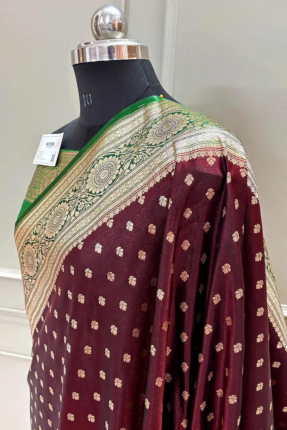 Wine and Green Makkhi Buti Katan Silk Banarasi Saree