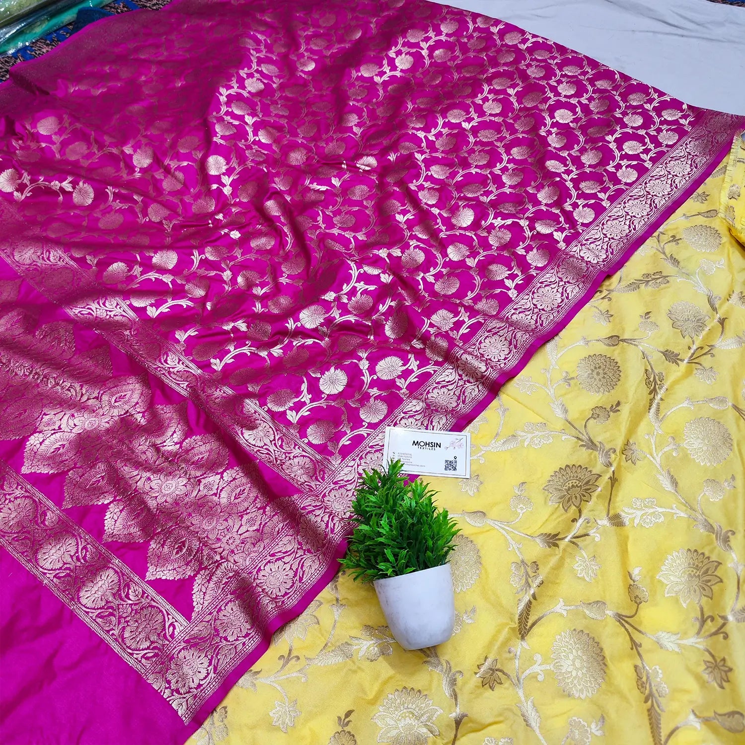 Yellow and Pink Golden Zari Katan Silk Banarasi Suit